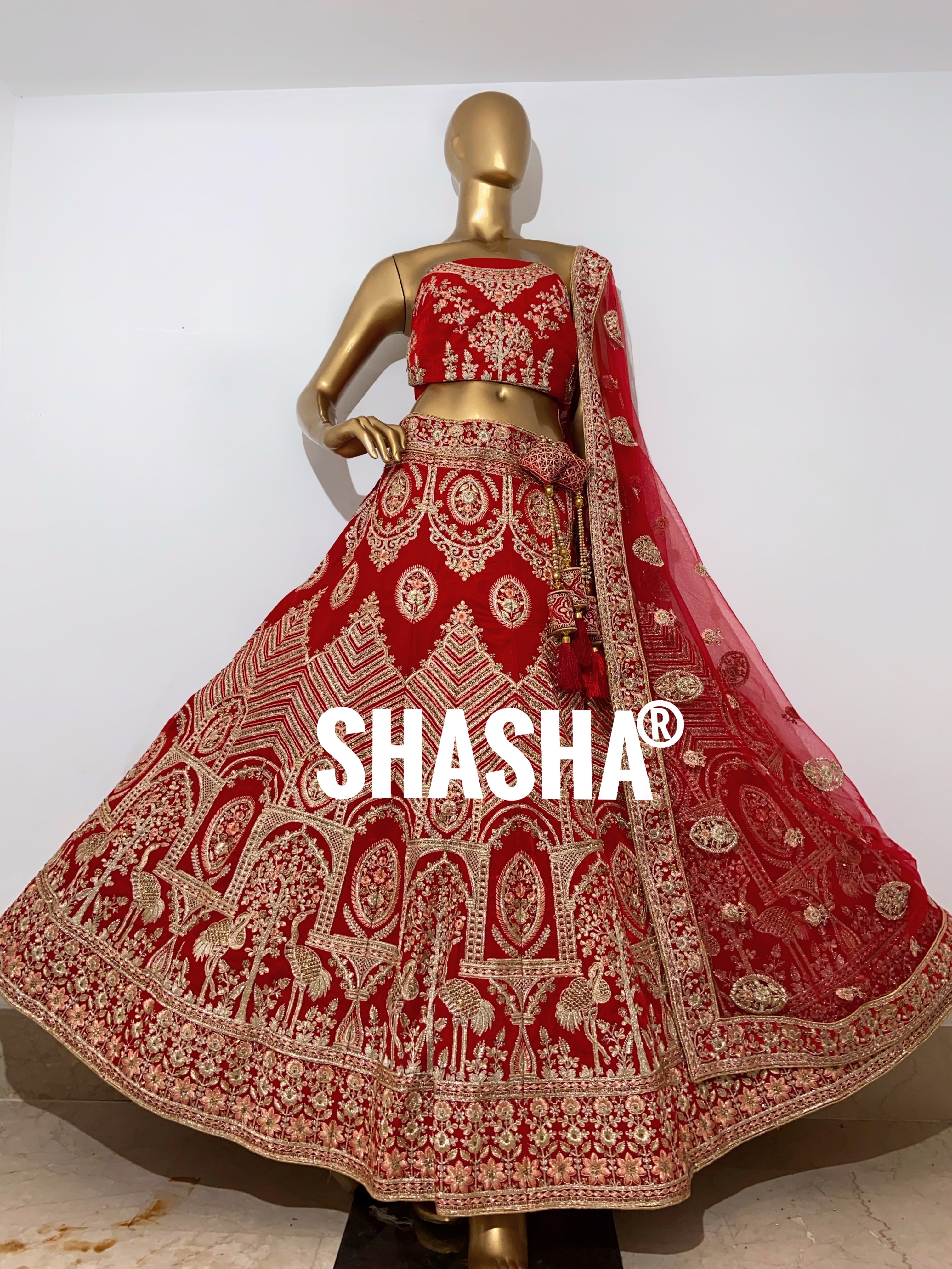 Red Chiffon Floral Printed & Embroidered Lehenga Set Design by Shasha Gaba  at Pernia's Pop Up Shop 2024