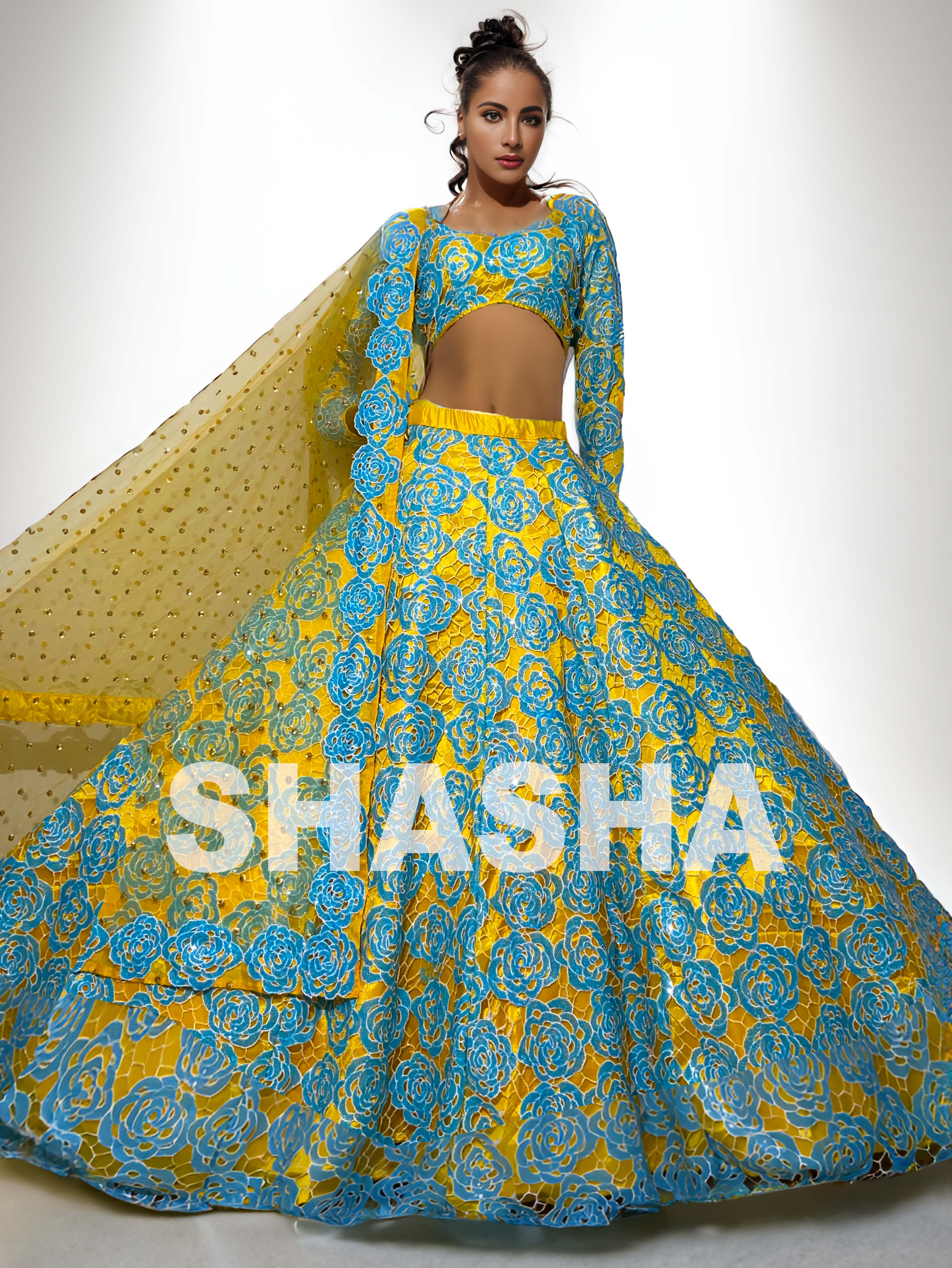 Buy Gold Organza Embroidery Cutdana Swarovski Bridal Lehenga Set For Women  by SHASHA GABA Online at Aza Fashions.